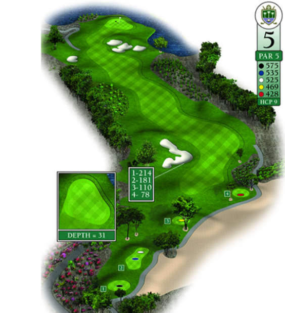 Mapa esquemático del hoyo 5 perteneciente al campo de 18 hoyos de La Romana Golf Club