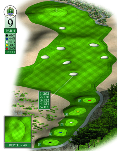 Mapa esquemático del hoyo 9 perteneciente al campo de 18 hoyos de La Romana Golf Club