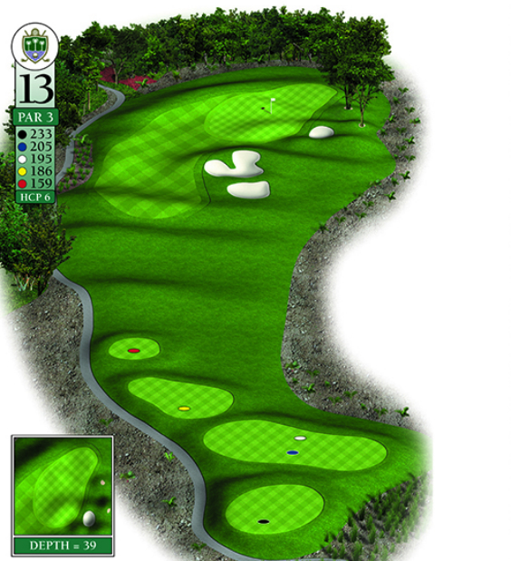 Mapa esquemático del hoyo 13 perteneciente al campo de 18 hoyos de La Romana Golf Club